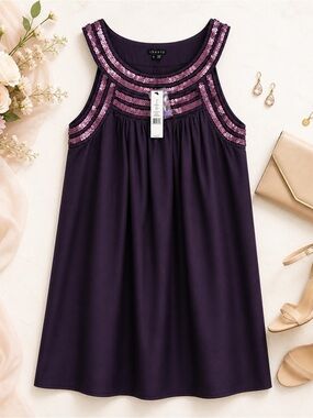NWT Theory Senna Trapeze Dress Plum Sequin Neck Sleeveless Size 6